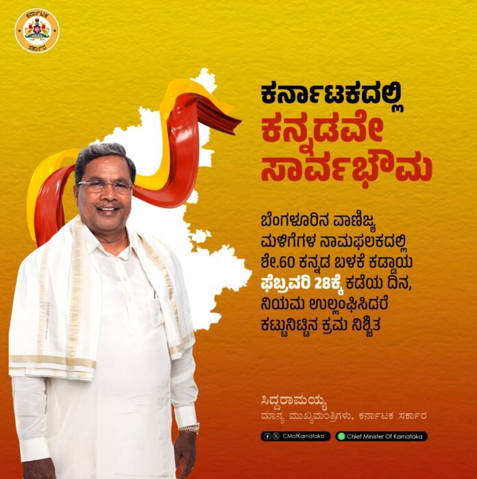 ಕರ್ನಾಟಕದಲ್ಲಿ ಕನ್ನಡವೇ ಸಾರ್ವಭೌಮ : ಬೆಂಗಳೂರಿನ ವಾಣಿಜ್ಯ ಮಳಿಗೆಗಳ ನಾಮಫಲಕದಲ್ಲಿ ಶೇ.60 ಕನ್ನಡ ಅಕ್ಷರಗಳ ಬಳಕೆ ಕಡ್ಡಾಯ : ಉಲ್ಲಂಘಿಸಿದರೆ ಕ್ರಮ : ರಾಜ್ಯ ಸರ್ಕಾರ